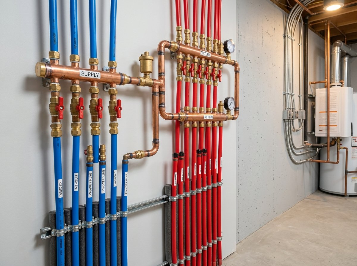 Clean copper and color-coded PEX manifold water supply repiping with brass shutoff valves in Kenmore, WA