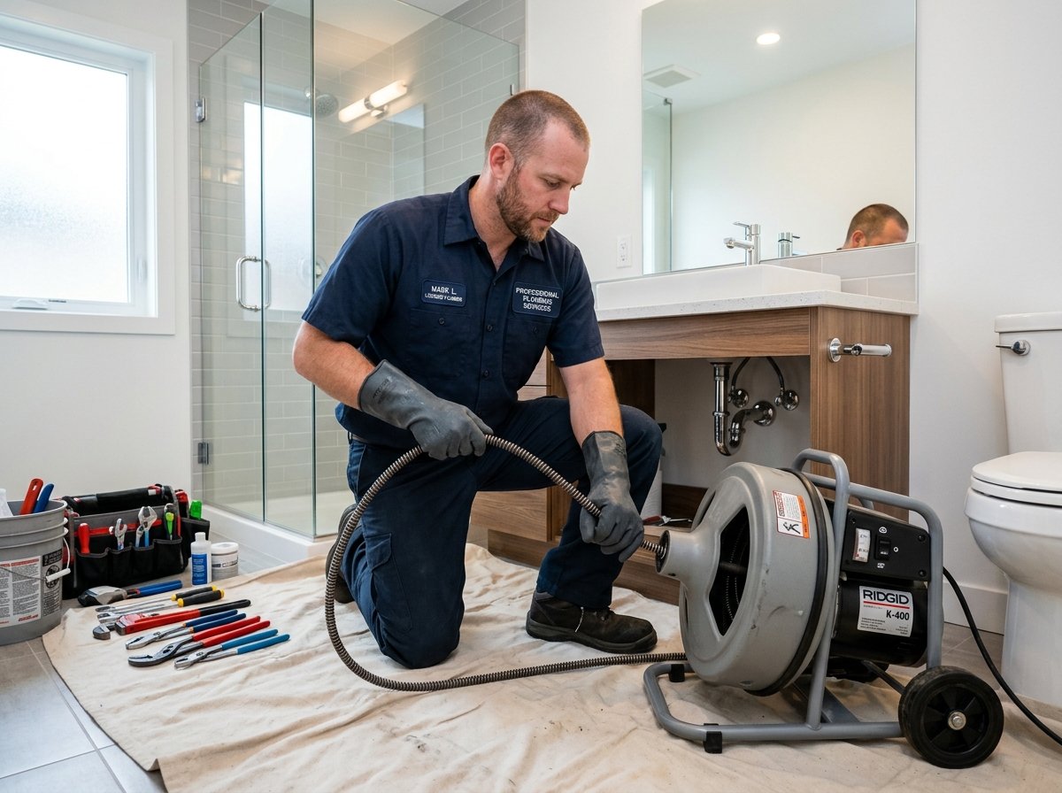 Licensed plumber operating heavy-duty motorized drum drain auger on protected floor inside a Bothell home