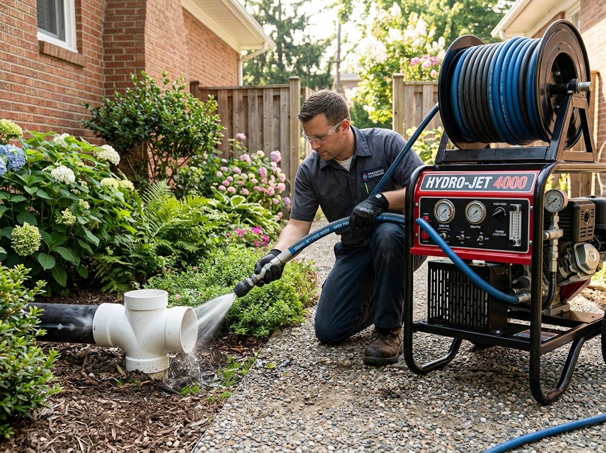 Commercial-grade 4000 PSI hydro jetting machine scouring main sewer lateral clear of roots and grease in Bellevue, WA