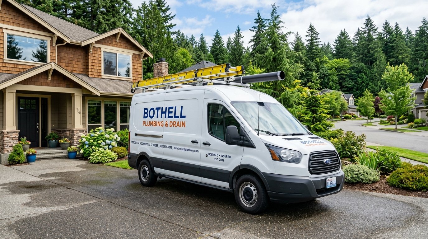 Pine Rooter licensed plumbing service van parked in a Bothell, WA neighborhood ready for drain and sewer dispatch