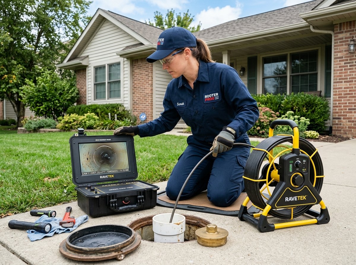 Pine Rooter licensed technician operating digital color sewer camera reel and diagnostic screen in Kirkland, WA