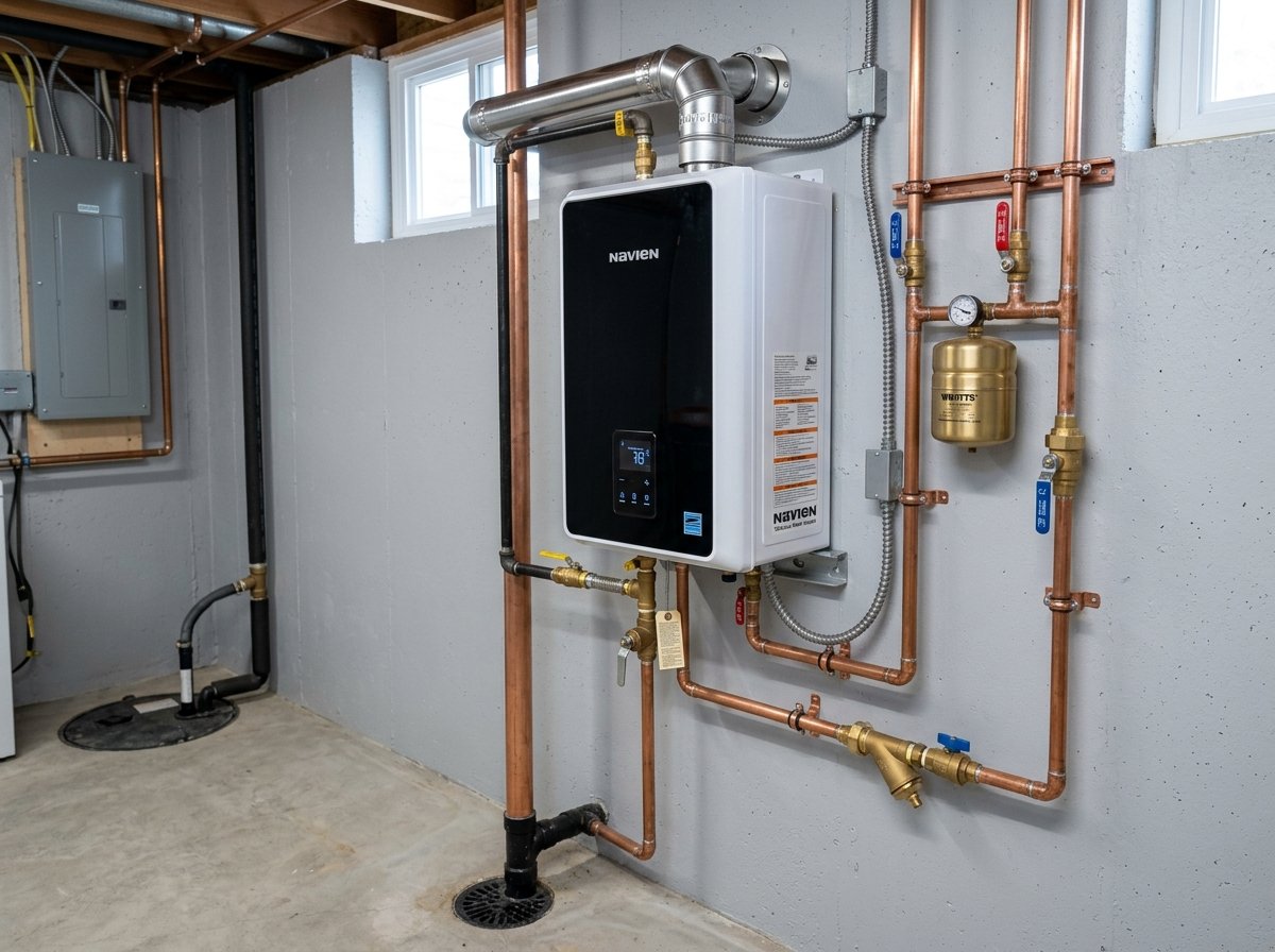 Navien high-efficiency tankless water heater installation with copper manifold and expansion tank in Bothell, WA